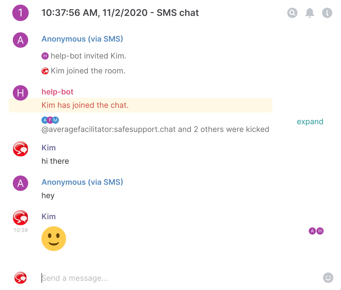 Screenshot of the facilitator's view of a chat session from SMS